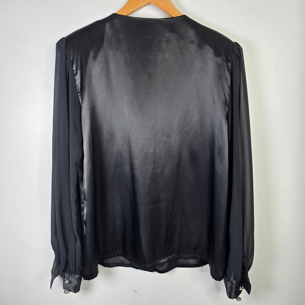 Nicola Women's Black Ruffle Satin Trim Long Sleeve Blouse Size 14 - Picture 2 of 5